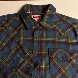 Wrangler Greensboro Mens L Plaid Western‎ Shirt Blue Brown Green Long Sleeve